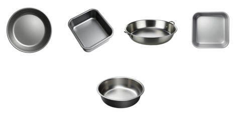 empty metal baking dishes arranged on a transparent background featuring round square and rectangular shapes with reflections and shadows isolated for clean presentation
