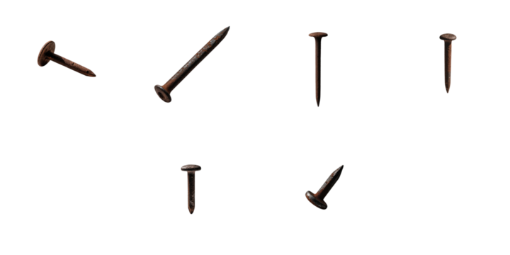 Collection of old rusty nails in various orientations isolated on a transparent background suitable for use in graphic design and digital projects.