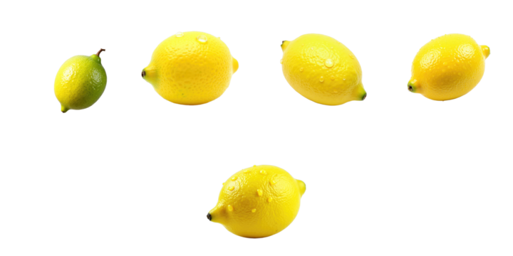 fresh ripe lemons and one lime with water droplets on transparent background isolated healthy food concept with copy space for text design