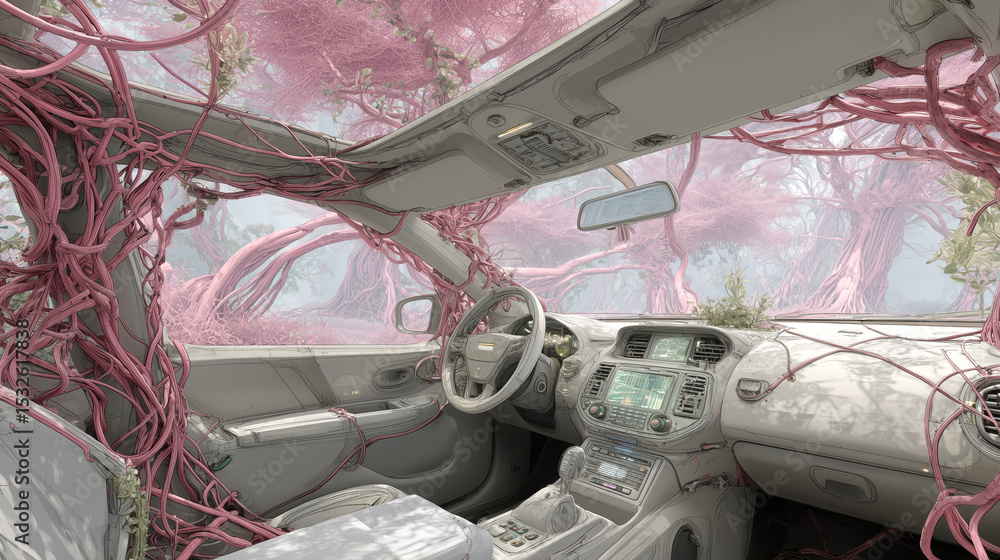 Poster a bioprinter creates artificial biotissue inside a vehicle, with vibrant pink roots and trees integr
