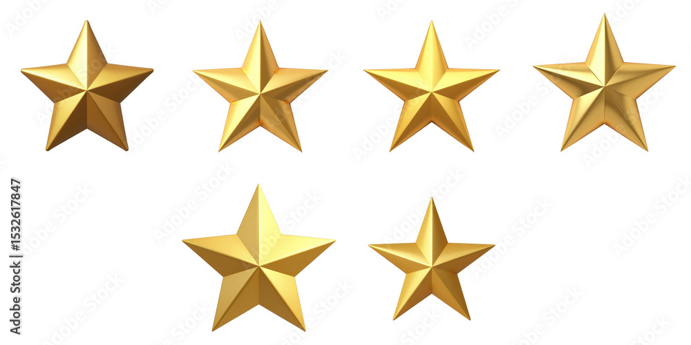 Poster golden three-dimensional stars arranged in two rows on a transparent background, featuring a shiny m