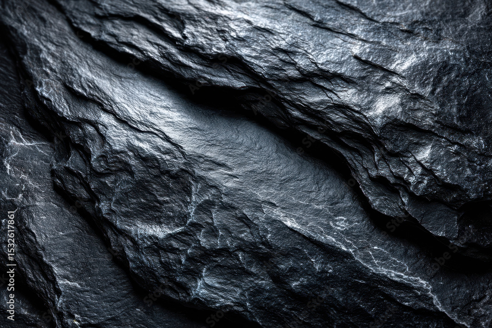 Poster dark textured rock surface with intricate patterns and shadows in natural light