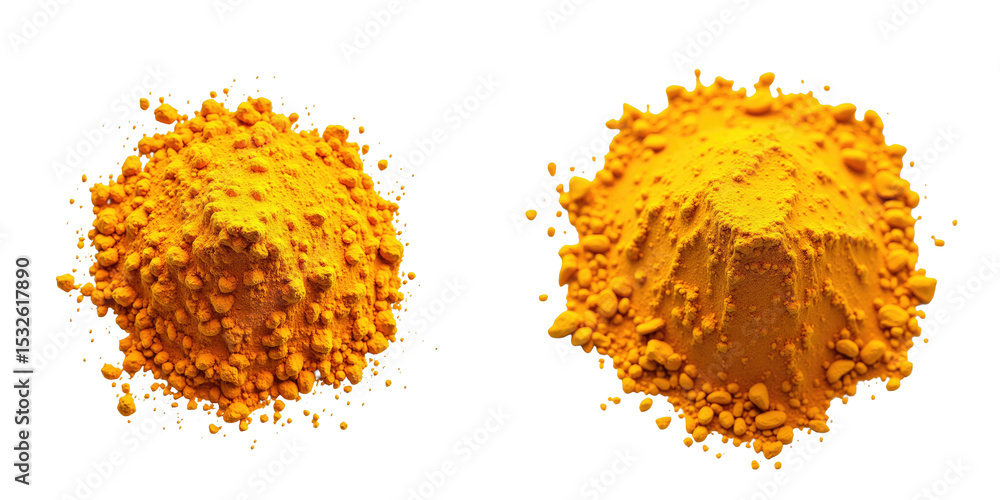 Poster turmeric root and turmeric powder displayed separately in vibrant yellow color on a solid transparen