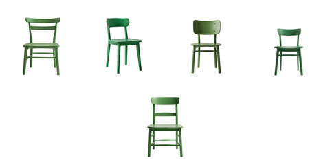 Fototapeta premium Wooden Green Chairs Displayed from Multiple Angles Isolated on Transparent Background with transparent Surrounding Area for Clear Visualization of Design