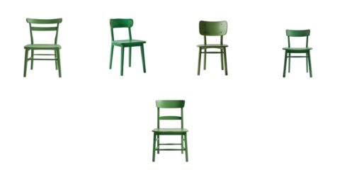 Wooden Green Chairs Displayed from Multiple Angles Isolated on Transparent Background with transparent Surrounding Area for Clear Visualization of Design