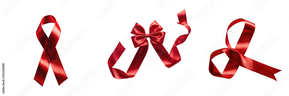 Poster assorted shiny red ribbons and bows on a transparent background showcasing versatility in shapes and