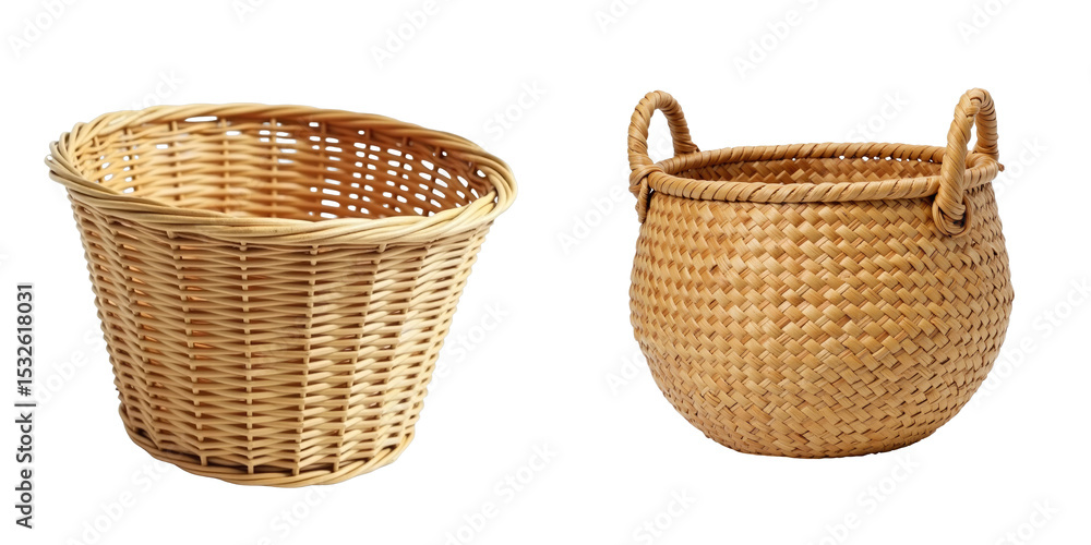 Poster two different styles of rattan baskets isolated on a transparent background showcasing unique design