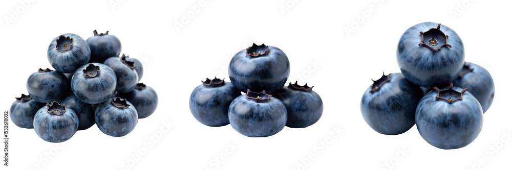 Poster stacked blueberries on transparent background arranged in various clusters highlighting their color 