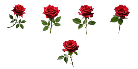 Set of five red roses with green leaves on a transparent background arranged in different positions suitable for Valentine's Day or floral design projects