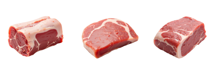 raw pork cut pieces displayed on a transparent background highlighting marbled texture and varying thickness of meat showing unprocessed fresh pork portions