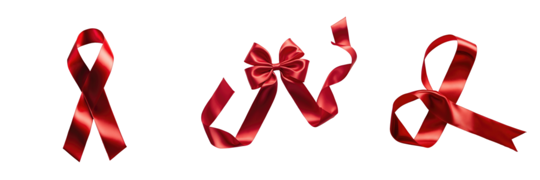 Assorted shiny red ribbons and bows on a transparent background showcasing versatility in shapes and styles with space for copy or design elements. - Powered by Adobe