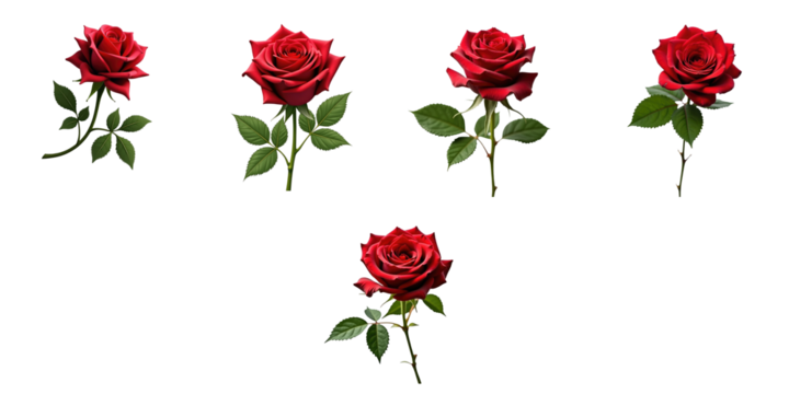 Set of five red roses with green leaves on a transparent background arranged in different positions suitable for Valentine's Day or floral design projects