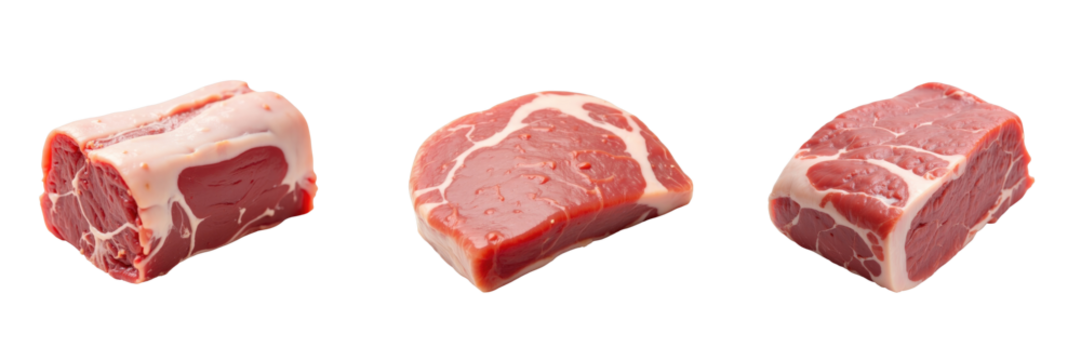 raw pork cut pieces displayed on a transparent background highlighting marbled texture and varying thickness of meat showing unprocessed fresh pork portions