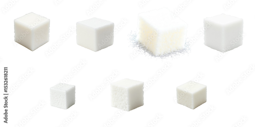 Poster collection of various cube sugar pieces arranged on a transparent background showcasing different si
