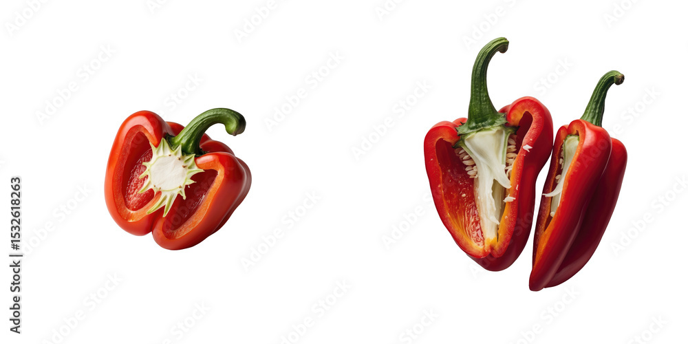 Poster half of a sweet red bell pepper sliced open revealing seeds and inner structure with isolated perfec