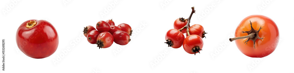Poster collection of dried hawthorn berries in various shapes and sizes isolated on transparent background 