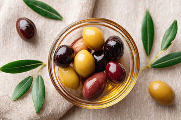Assorted marinated olives arranged in a glass bowl with olive leaves on a cloth surface