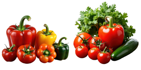Fresh assorted wet vegetables including red, yellow, and green bell peppers, tomatoes, cucumbers, and lettuce arranged on a wooden table with a transparent background