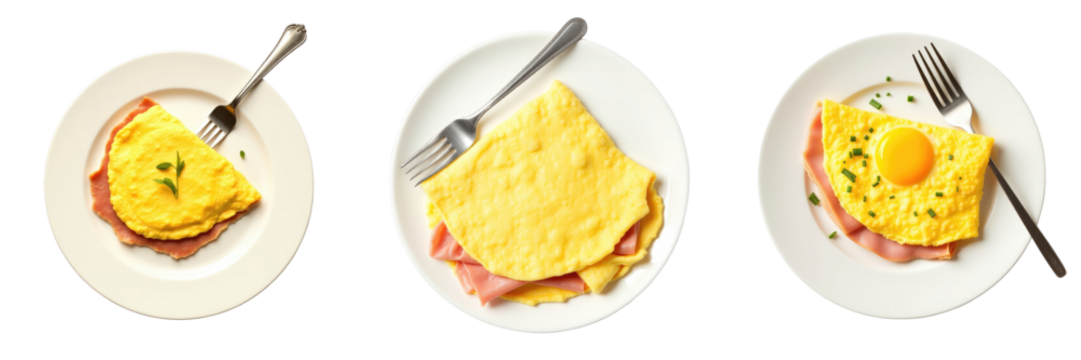 Collection of three egg omelettes served on white plates with ham, one topped with herbs and another with an egg yolk, each accompanied by a fork against a transparent background.