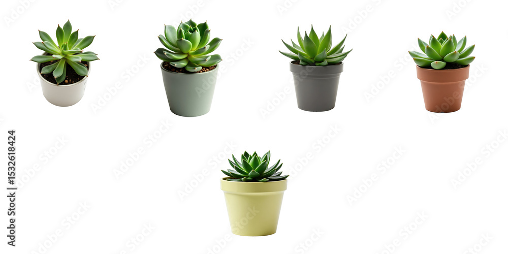 Poster collection of various green succulent plants in different colored pots isolated on transparent backg