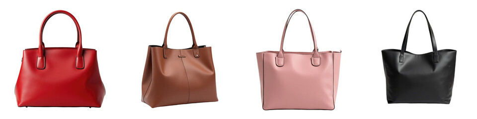 set of four luxury handbags for women in various colors including red, nude, pink and transparent isolated on a transparent background for fashion purposes