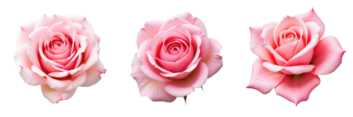 Three opened pink roses with varying petal arrangements isolated on transparent background, showcasing distinct angles and textures of petals.
