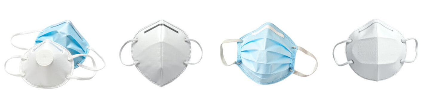 Various types of respiratory masks arranged in a row including N95 and surgical masks, isolated on a transparent background for medical and health-related imagery.