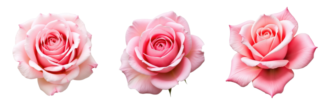 Three opened pink roses with varying petal arrangements isolated on transparent background, showcasing distinct angles and textures of petals.