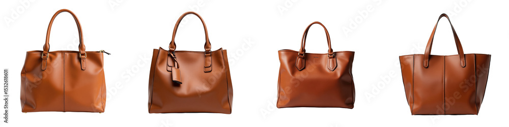 Poster luxury leather women's handbag collection in various styles arranged side by side on a dark backgrou