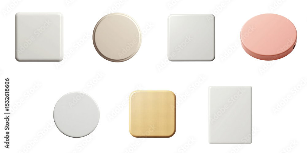 Poster set of eight assorted fridge magnets in various shapes and colors including circular, square, and re