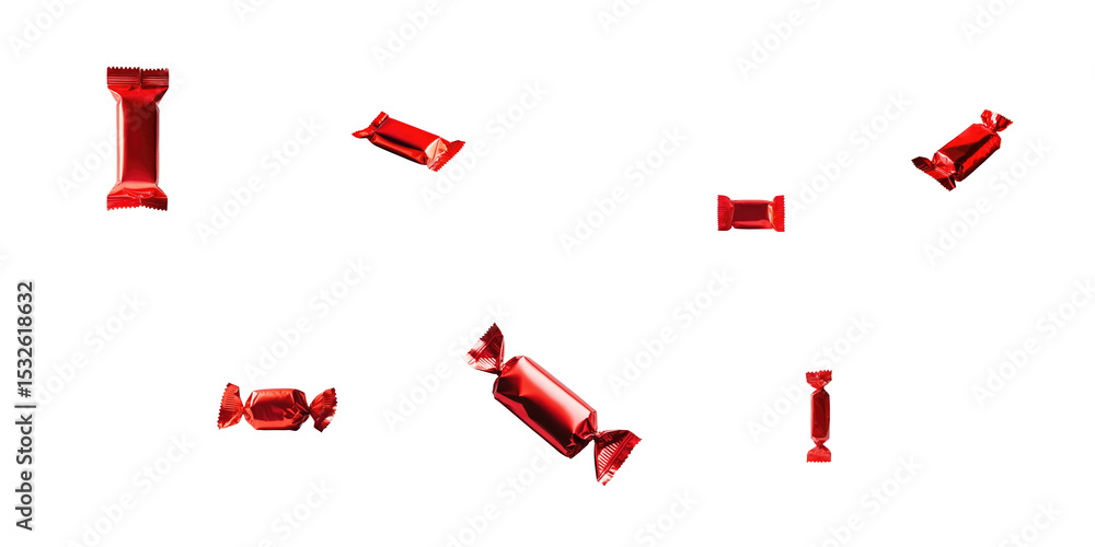 Poster various red-wrapped candies arranged in a scattered formation on a transparent background highlighti