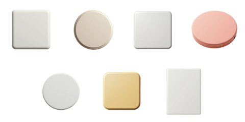 Set of eight assorted fridge magnets in various shapes and colors including circular, square, and rectangular designs completely isolated on a transparent background for versatile design use.