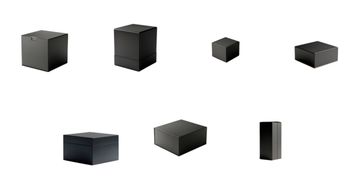 Collection of various isolated transparent boxes of different sizes and shapes on a transparent background suitable for mockup and design applications