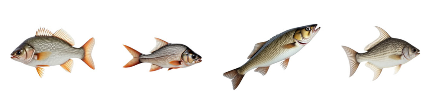 Side view of multiple species of fish including Zingel asper isolated on transparent background with studio lighting highlighting their features and colors