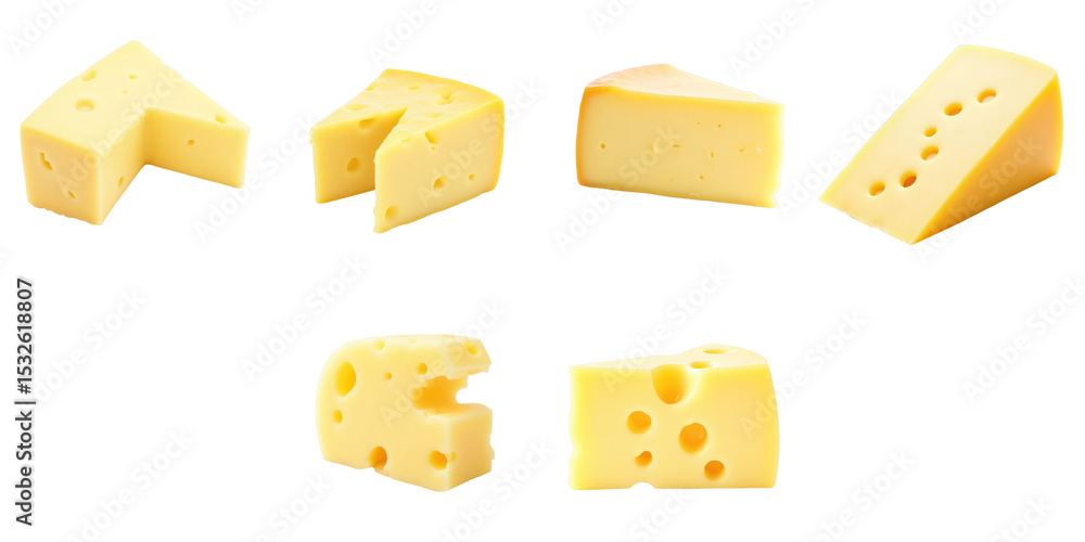 Poster various pieces of yellow cheese in different shapes and sizes isolated on transparent background inc