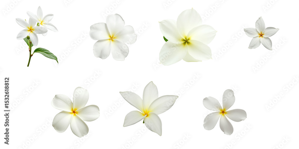 Aufkleber white jasmine flowers in various arrangements with green leaves displayed on a transparent backgroun