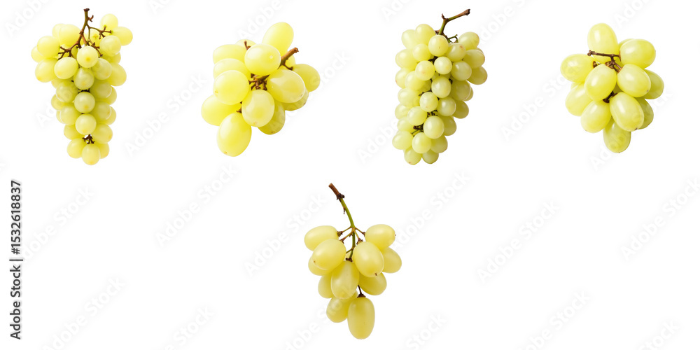 Poster cluster of ripe green grapes displayed separately on a transparent background showing various shapes
