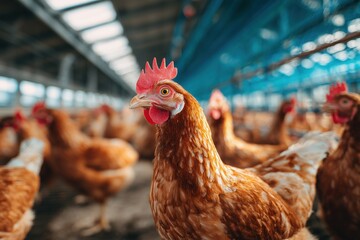 A large number of chickens in a blue-hued landscape against a white sky, a wide shot of a chicken farm with a red-necked rooster pecking at grain.