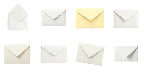 Collection of various envelope designs including white and yellow options arranged in a grid format on a transparent background for versatile use in design projects