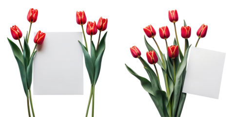 Red tulips with vibrant petals arranged alongside a blank white card on a transparent background illuminated by natural light for personalized greetings or messages