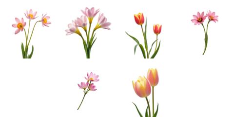 variety of spring flowers including pink tulips and delicate blossoms isolated on transparent background for seamless layering or use in digital design projects