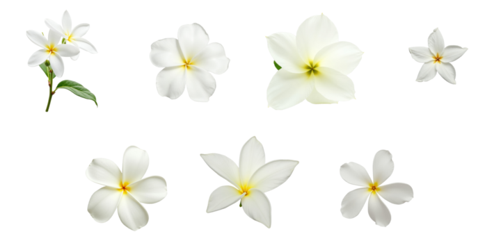 White jasmine flowers in various arrangements with green leaves displayed on a transparent background highlighting their delicate features and unique shapes