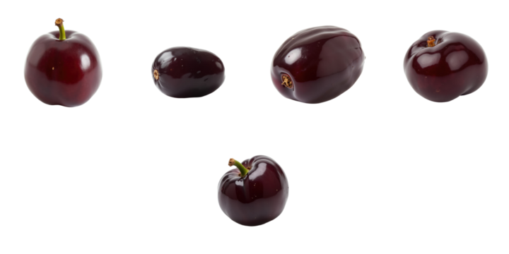 Various types of raisins displayed on a transparent background, isolated with distinct shapes and sizes highlighting their unique textures and colors.