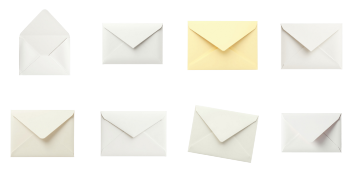 Collection of various envelope designs including white and yellow options arranged in a grid format on a transparent background for versatile use in design projects