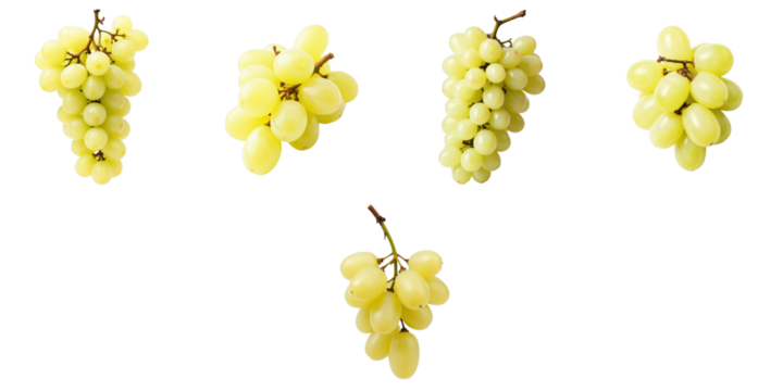 Cluster of ripe green grapes displayed separately on a transparent background showing various shapes and sizes of the fruit for culinary or graphic design use