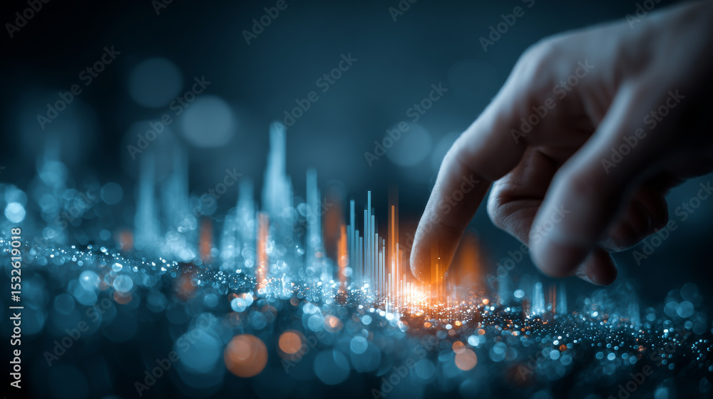 Poster hand interacts with glowing digital analytics screen, symbolizing data analysis and risk management