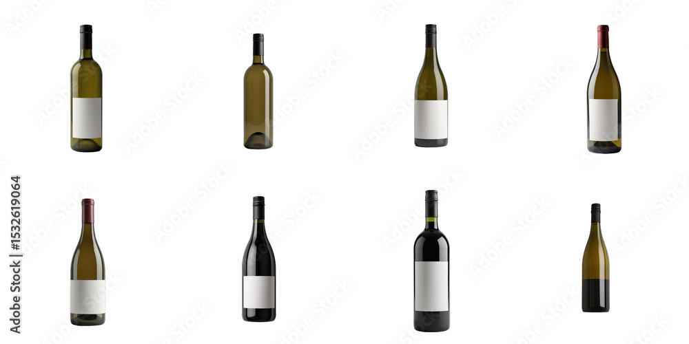 Poster collection of wine bottles with blank labels presented in an isolated arrangement on a transparent b