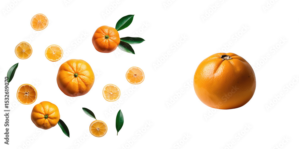 Poster mandarin oranges with some whole and sliced pieces isolated on a transparent background with green l
