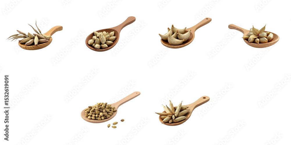 Poster collection of dried amomum krervanh herbs and siam cardamom arranged in wooden spoons on a transpare