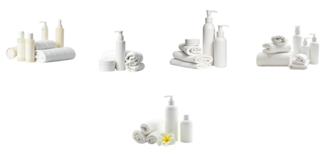Assorted spa skincare cosmetics and white towels arranged on a transparent background featuring bottles and jars designed for skincare and relaxation purposes.